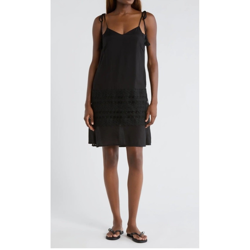 Elan Black Crochet‎ Lace Hem Tassel Tie Shoulder Mini Dress L